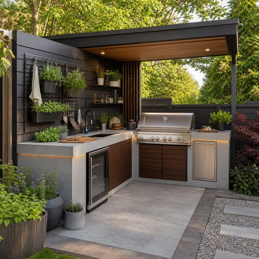 Garden outdoor kitchen with organized herb rail and planters at cool prep end