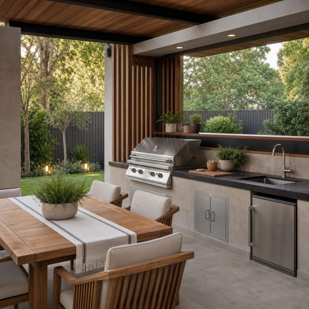 Outdoor dining zone with neutral cushions and simple table runner beside kitchen