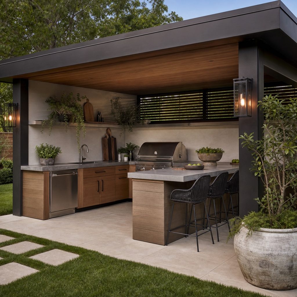 Covered outdoor kitchen with lantern-style exterior lights and ceramic planter