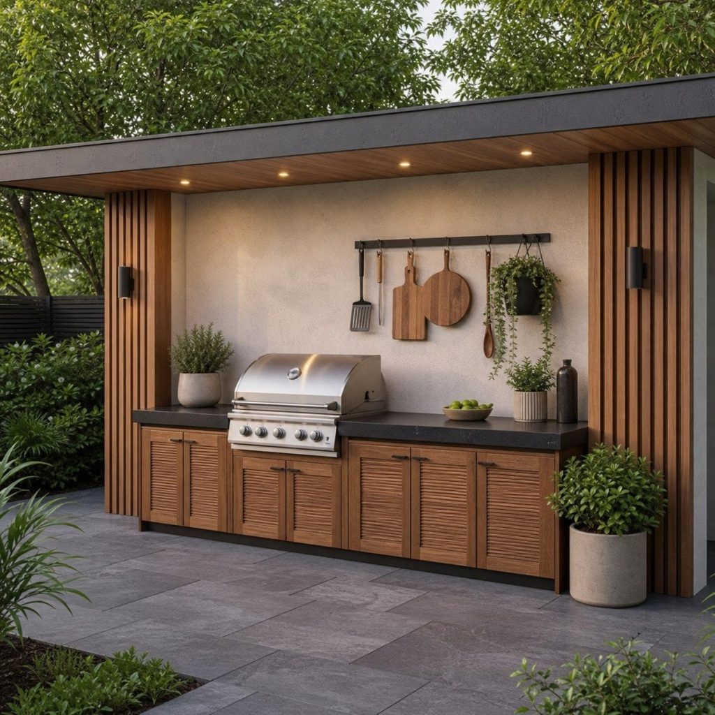 Outdoor serving wall with neat hooks for wooden boards away from grill heat