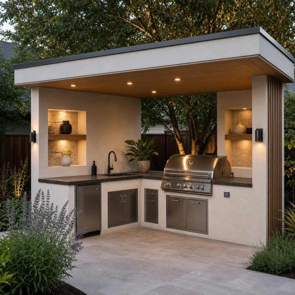 Masonry outdoor kitchen with two display niches holding ceramic vessels