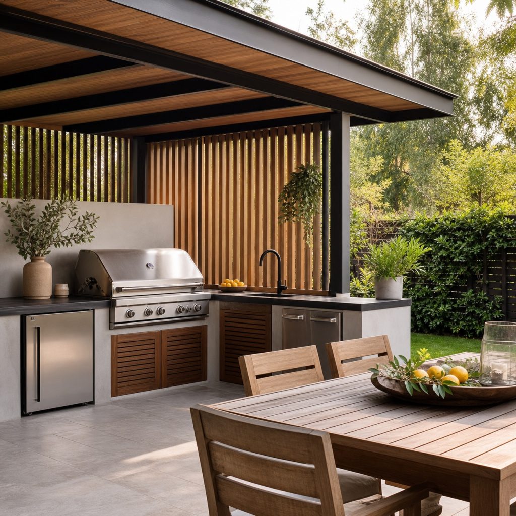 Outdoor dining table with restrained greenery and citrus centerpiece
