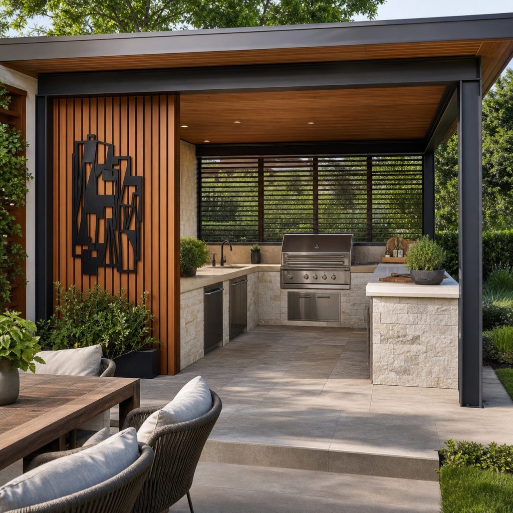 Modern outdoor kitchen with abstract metal wall artwork on dining side