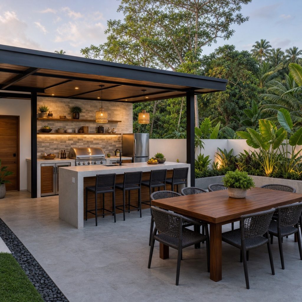 Outdoor kitchen with island stools and separate six-seat dining table
