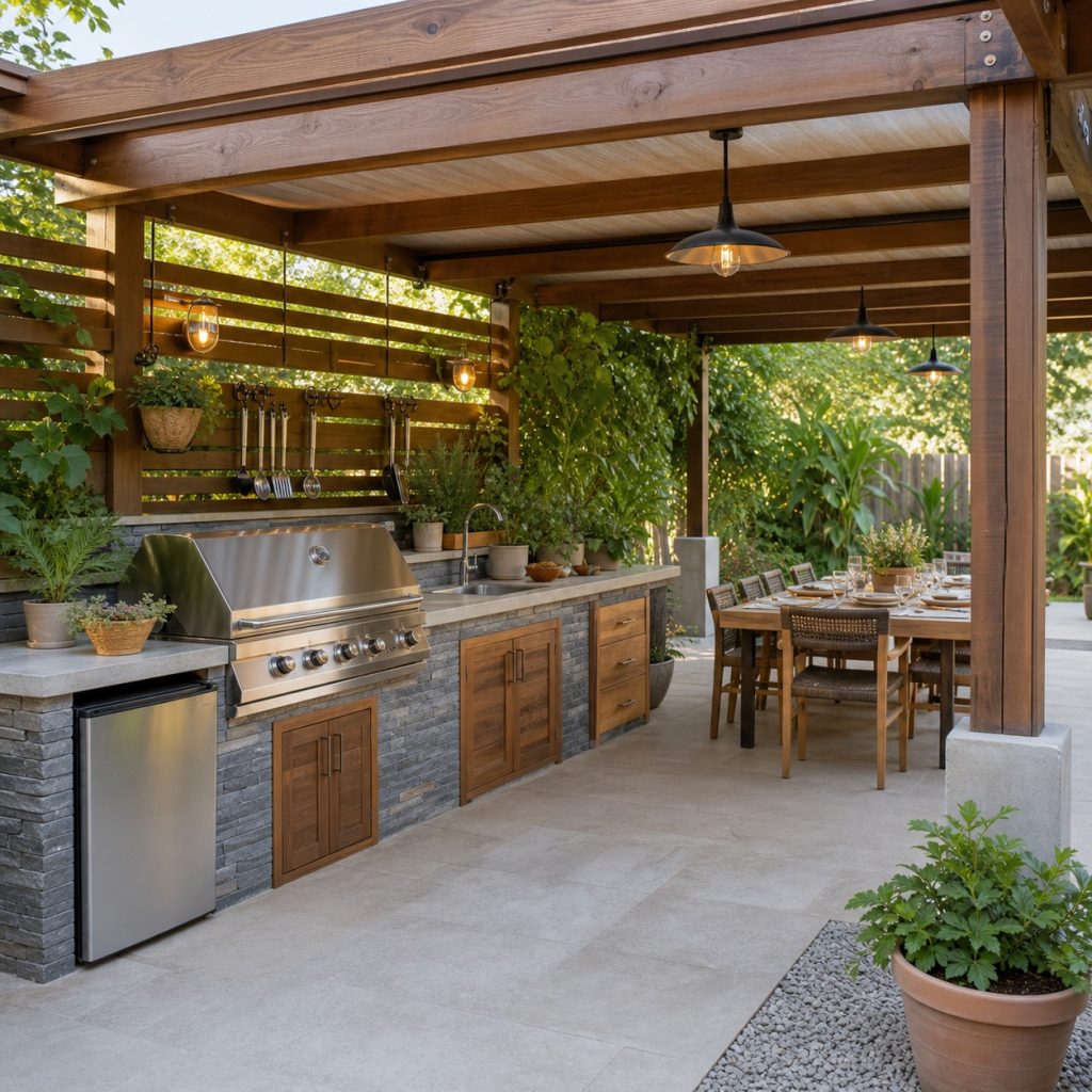 Pergola outdoor kitchen with dining table beyond the grill zone