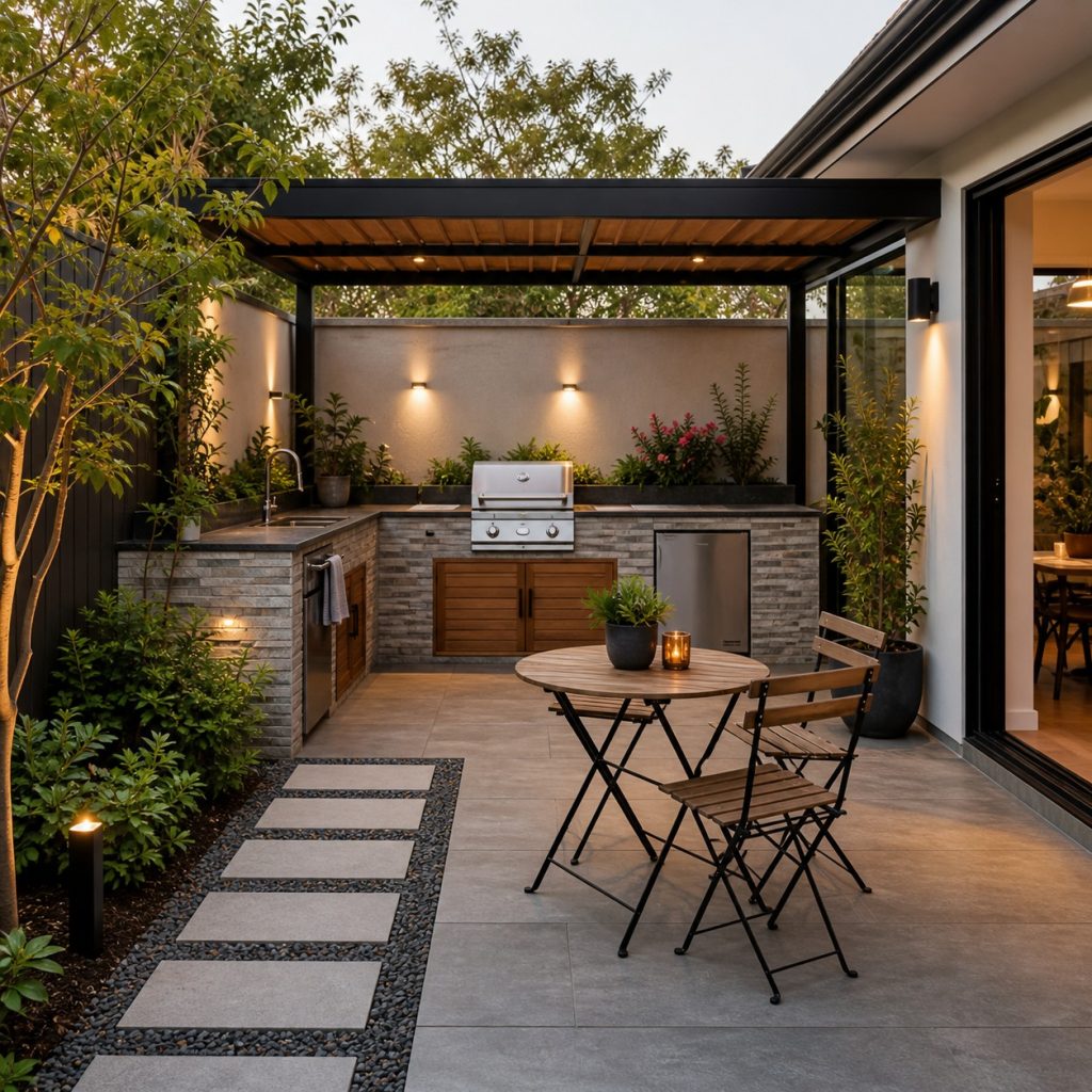 Small courtyard outdoor kitchen with round cafe dining table