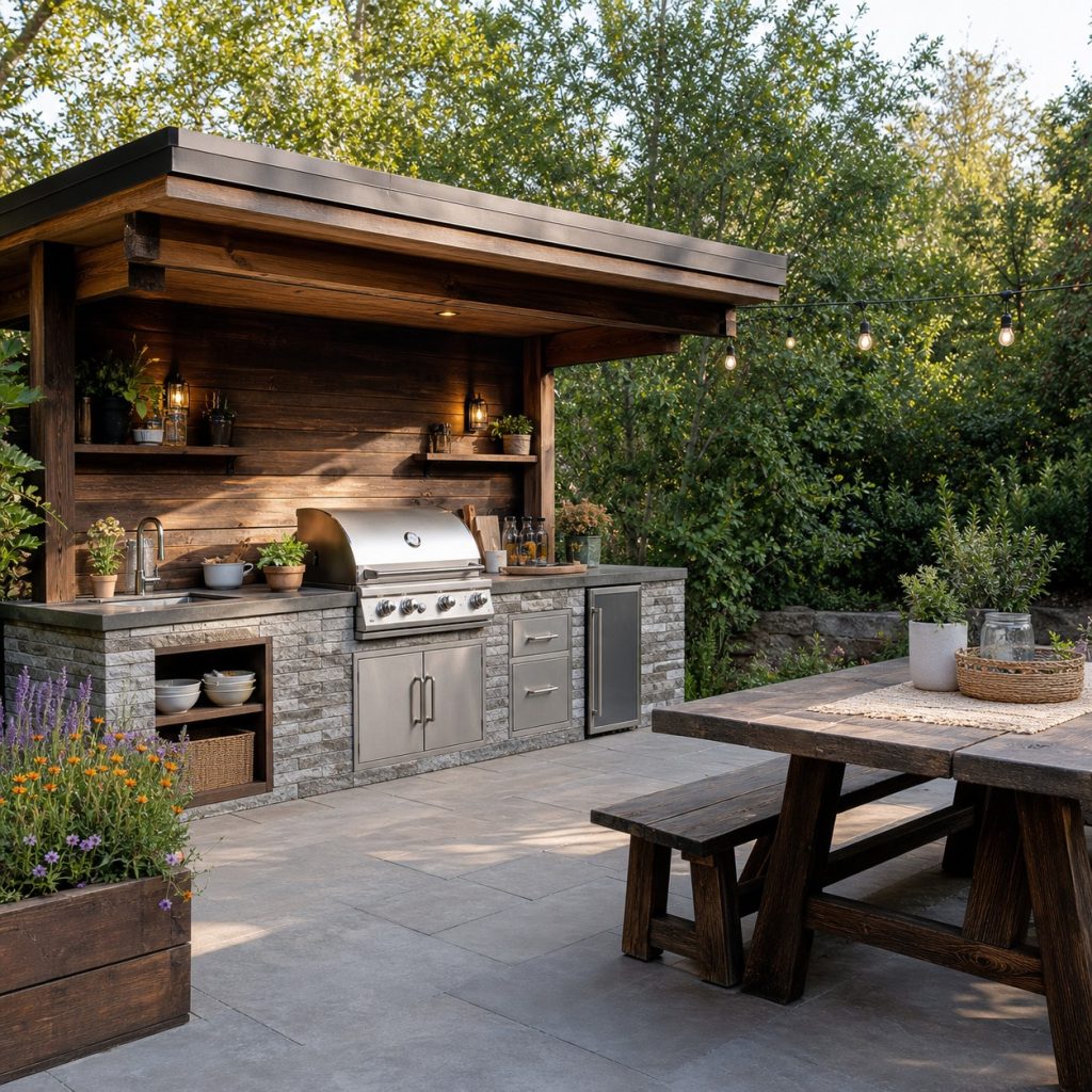 Rustic outdoor kitchen beside picnic-style dining table on stone paving