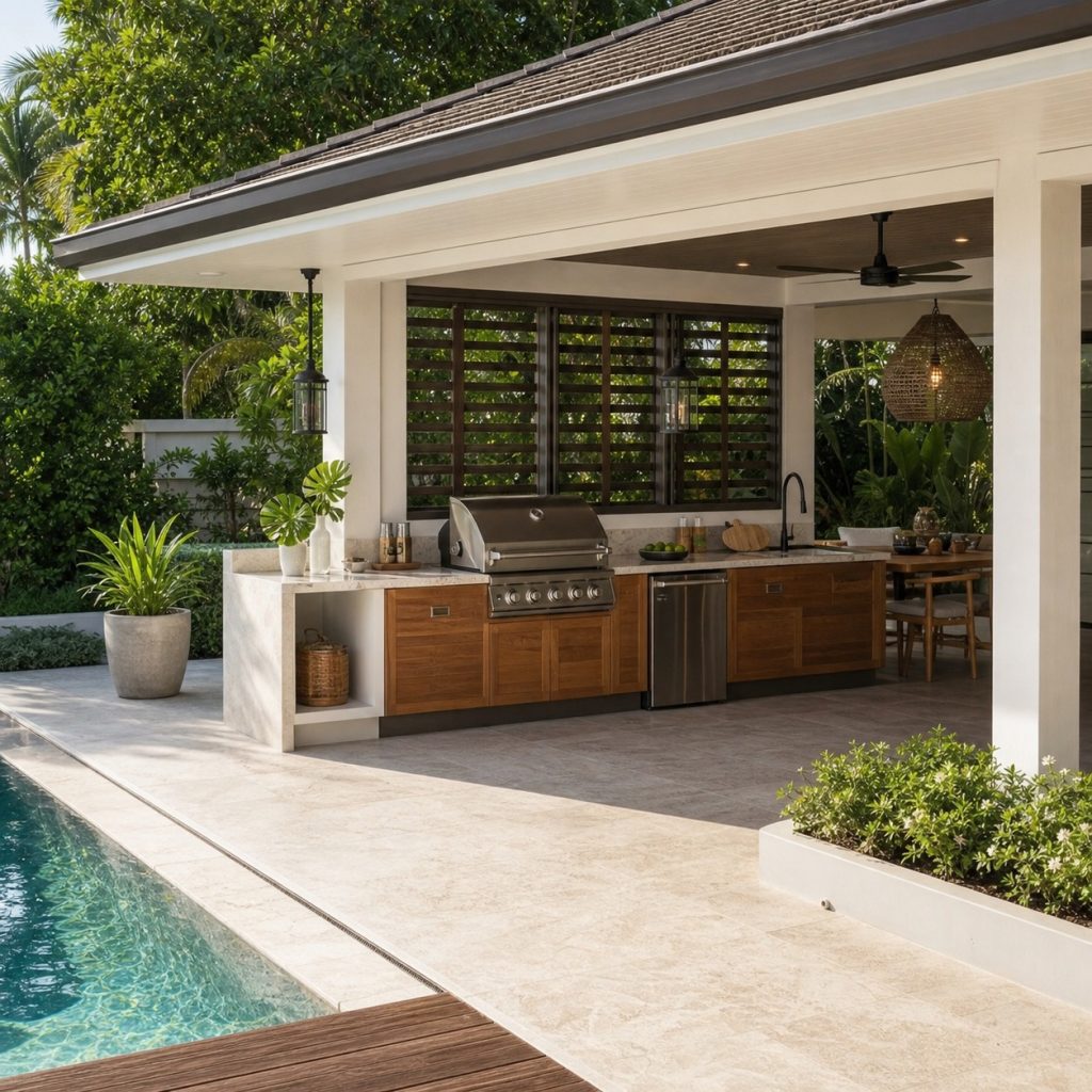 Poolside outdoor kitchen with dining table behind the serving counter