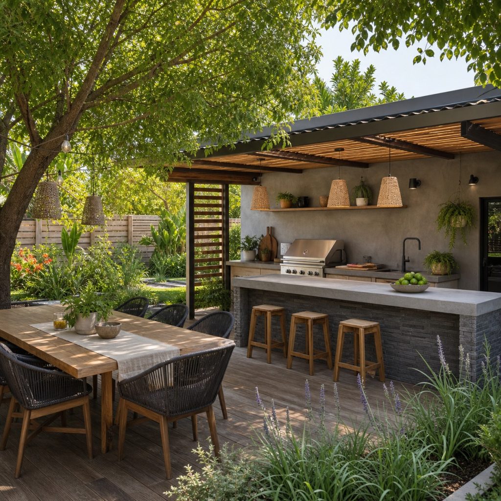 Garden dining terrace beside outdoor kitchen with broad pass counter