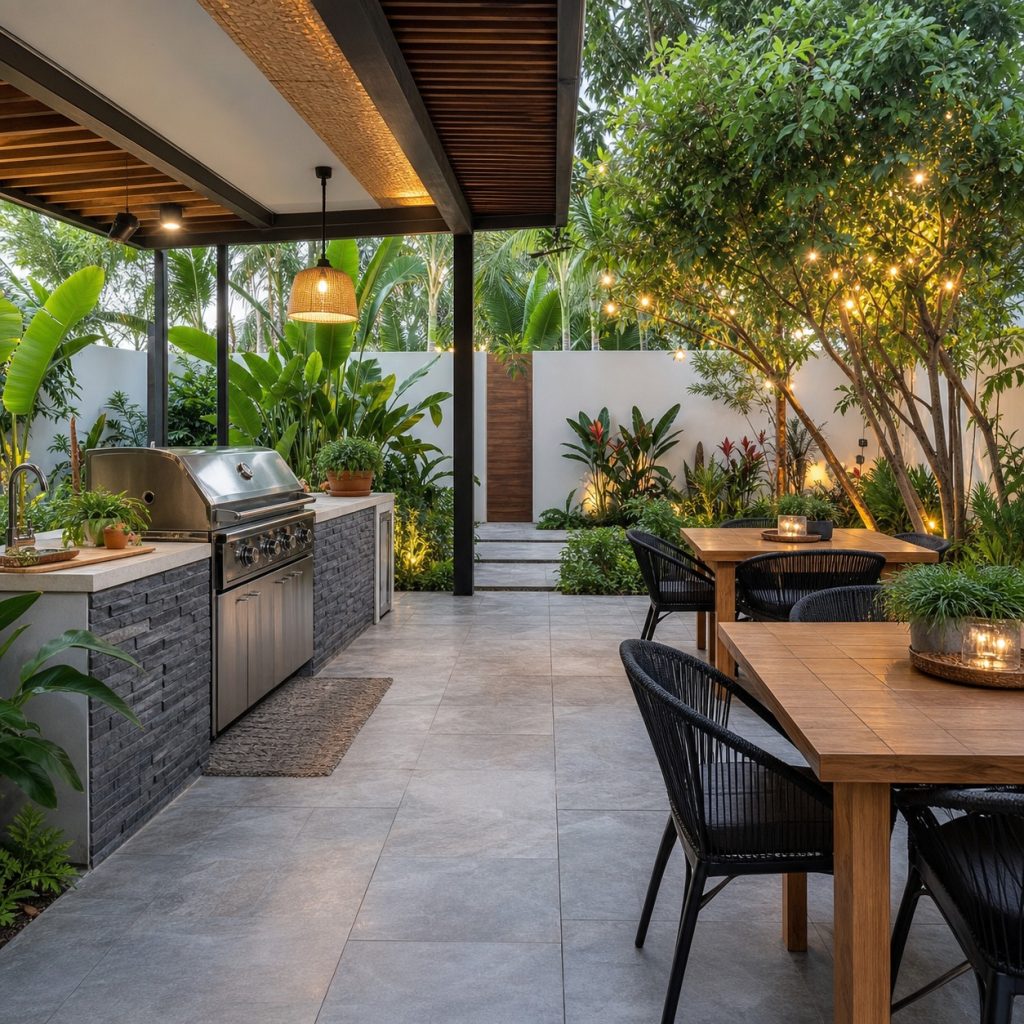 Outdoor entertaining area with two small dining tables beside kitchen