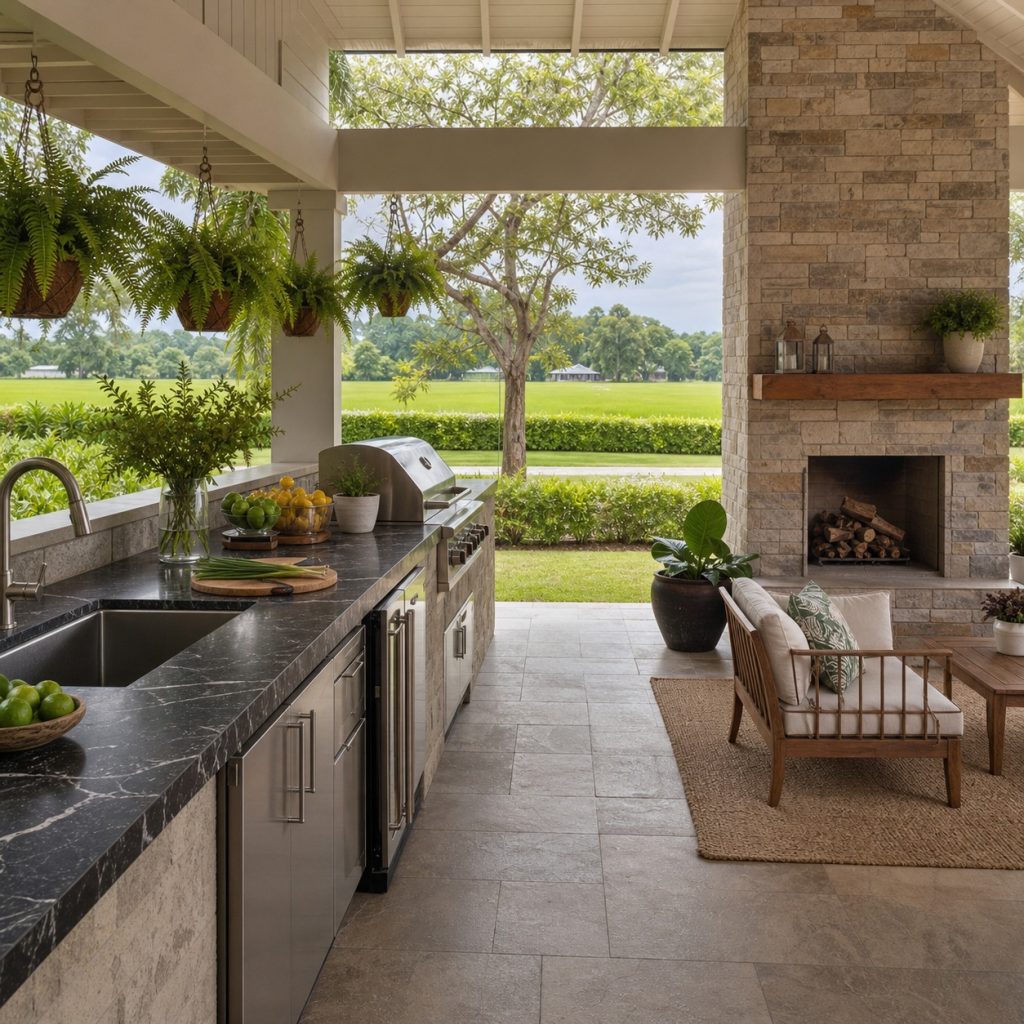 Linear outdoor kitchen with unlit stone fireplace on perpendicular side wall