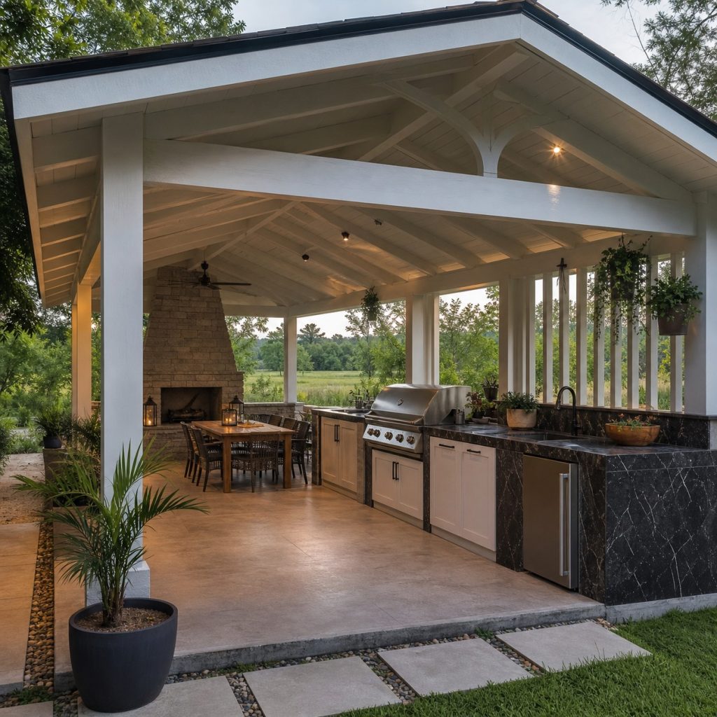 Open pavilion with outdoor kitchen and separate unlit fireplace at dining end