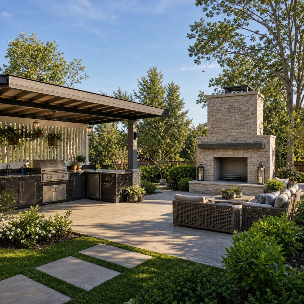 Garden outdoor kitchen beside freestanding unlit masonry fireplace and seating