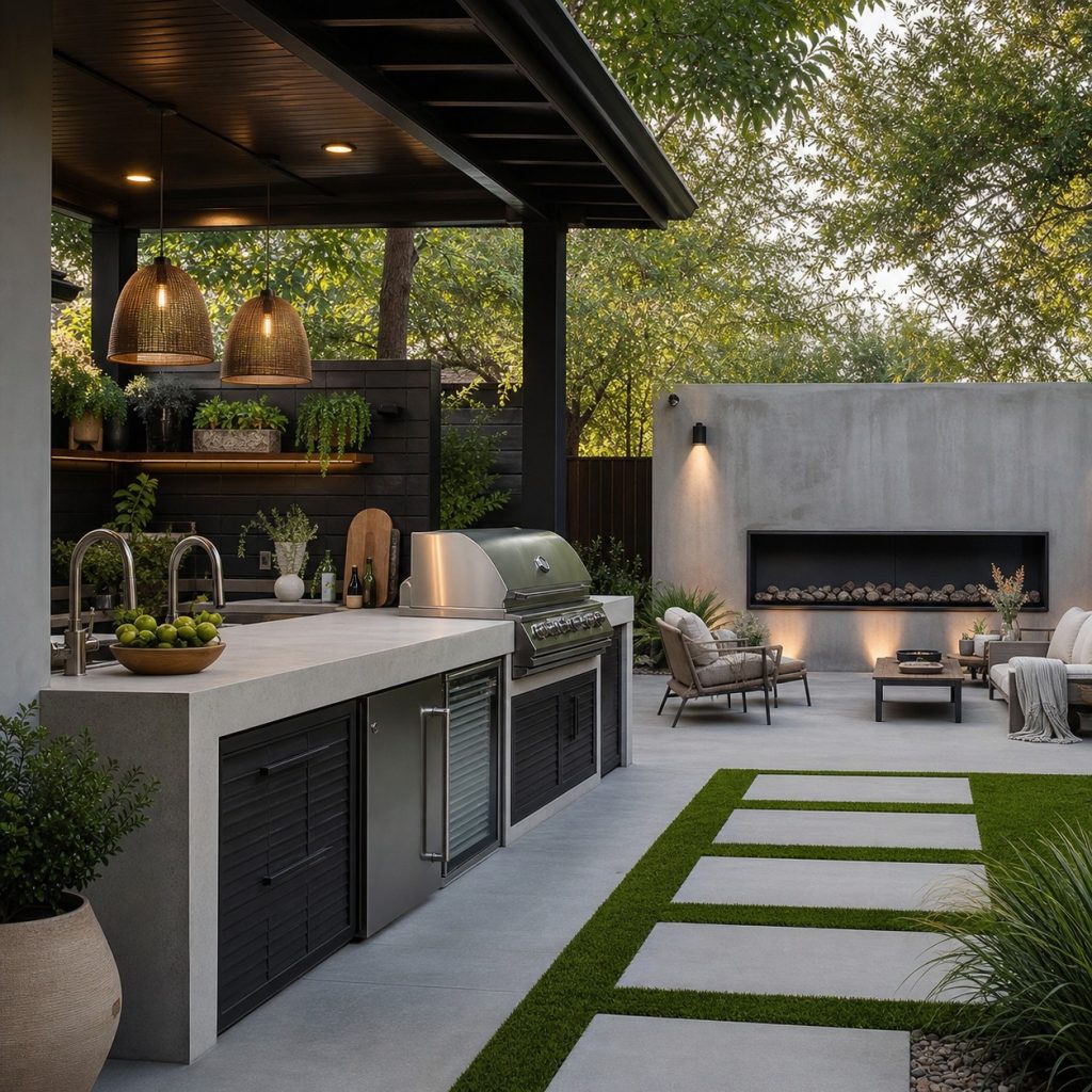 Modern outdoor kitchen facing separate unlit linear fireplace feature wall