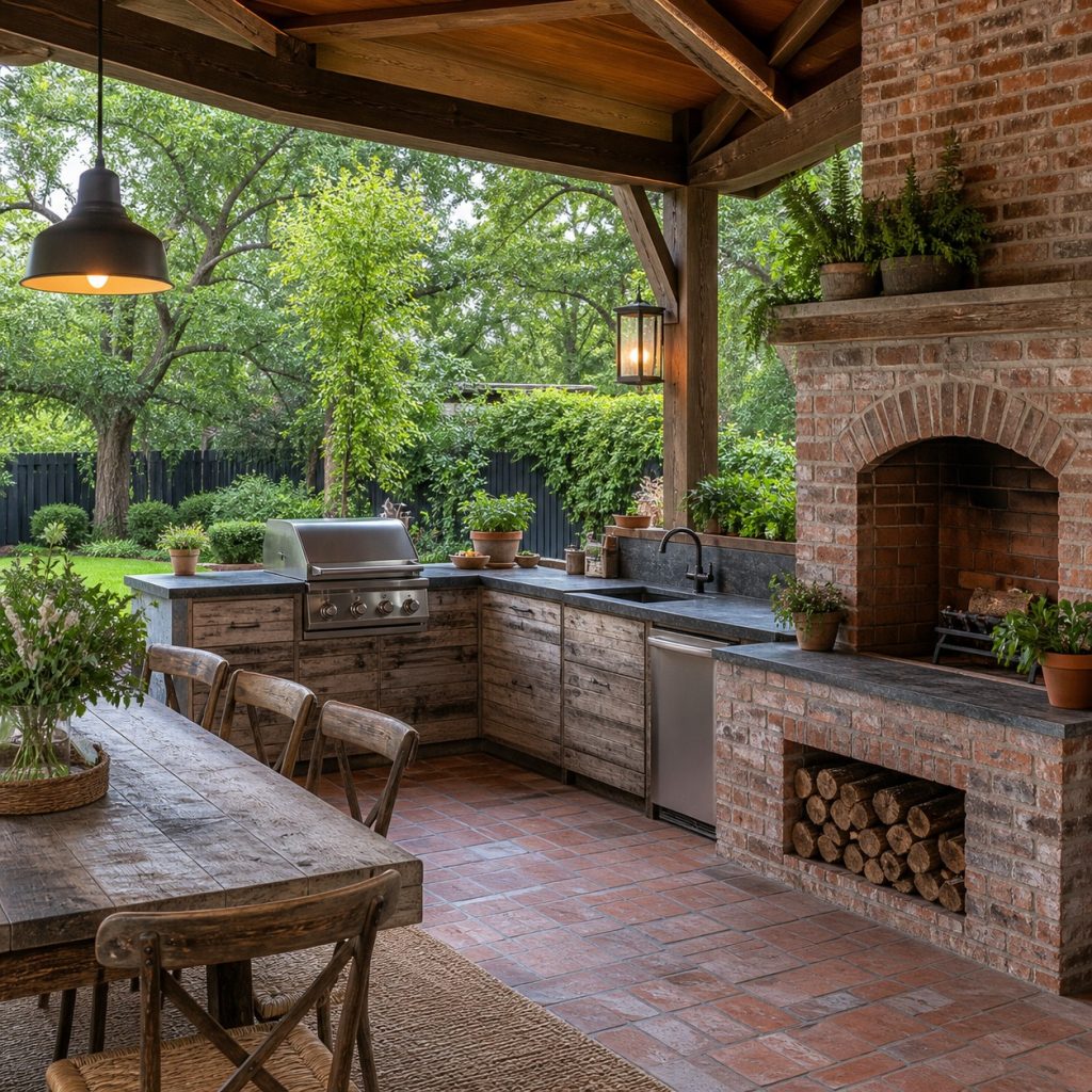 Rustic outdoor kitchen with unlit brick fireplace beside dining terrace