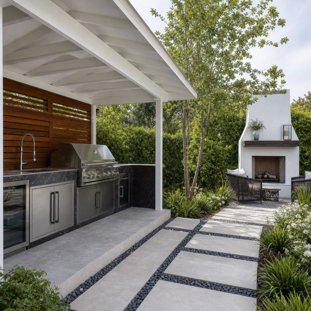 Compact outdoor kitchen and unlit corner fireplace separated by planted buffer