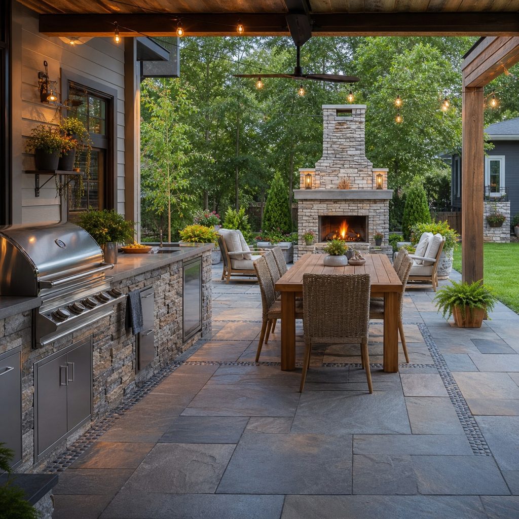 Large outdoor kitchen, separate unlit chimney fireplace, and dining between zones