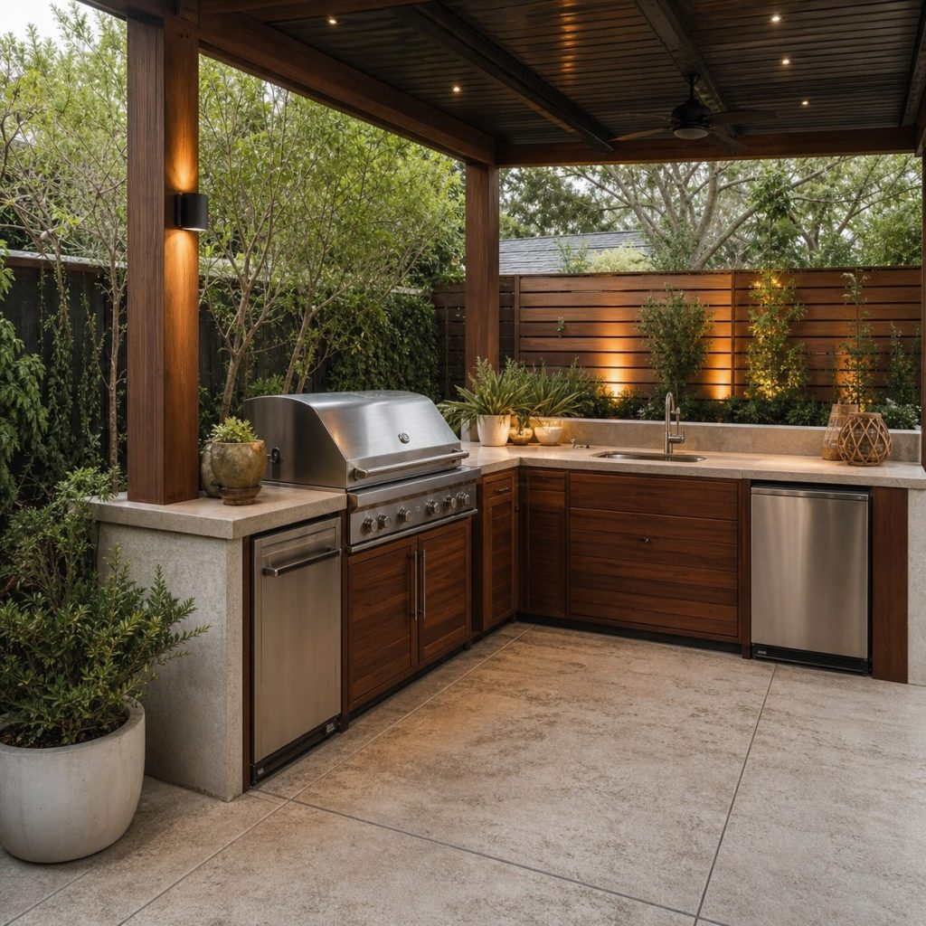 Covered outdoor kitchen on sealed textured concrete with visible control joints