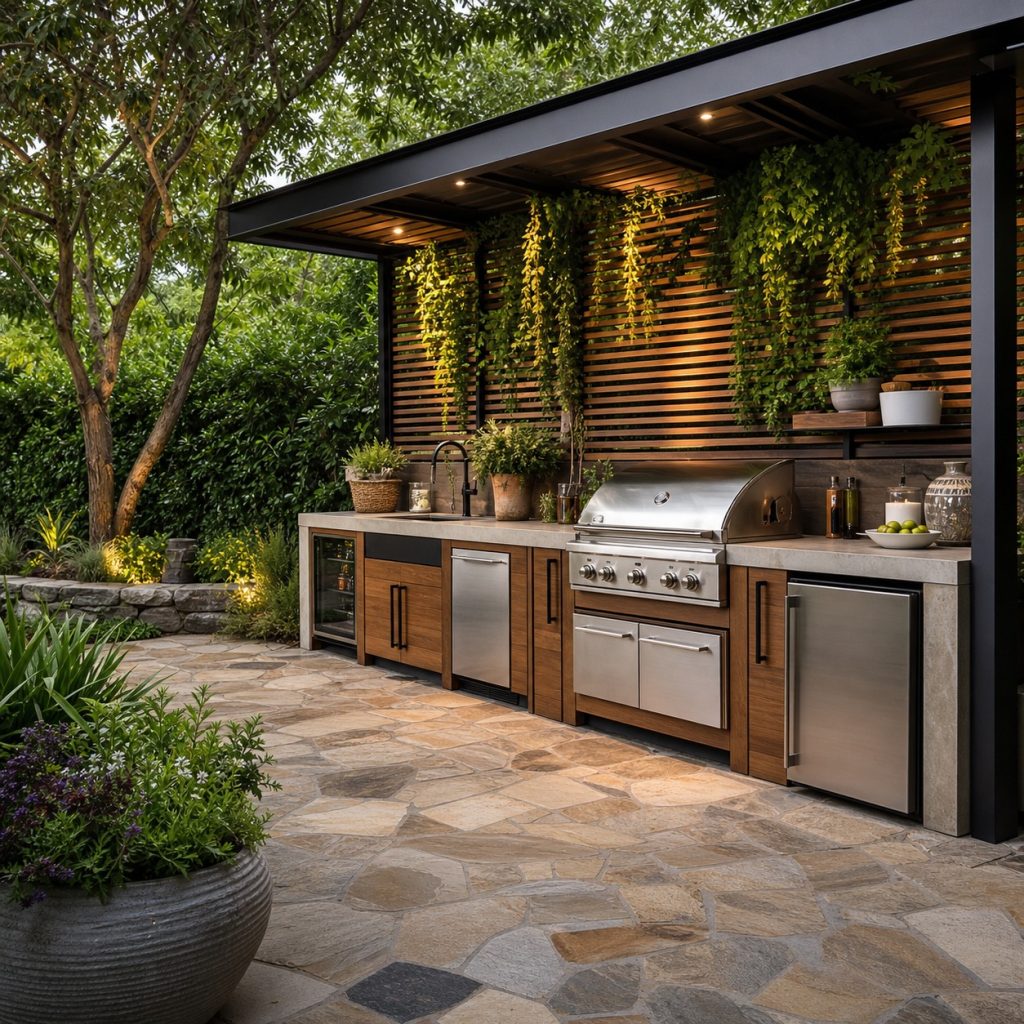 Garden outdoor kitchen with natural stone paving and broad accessible path
