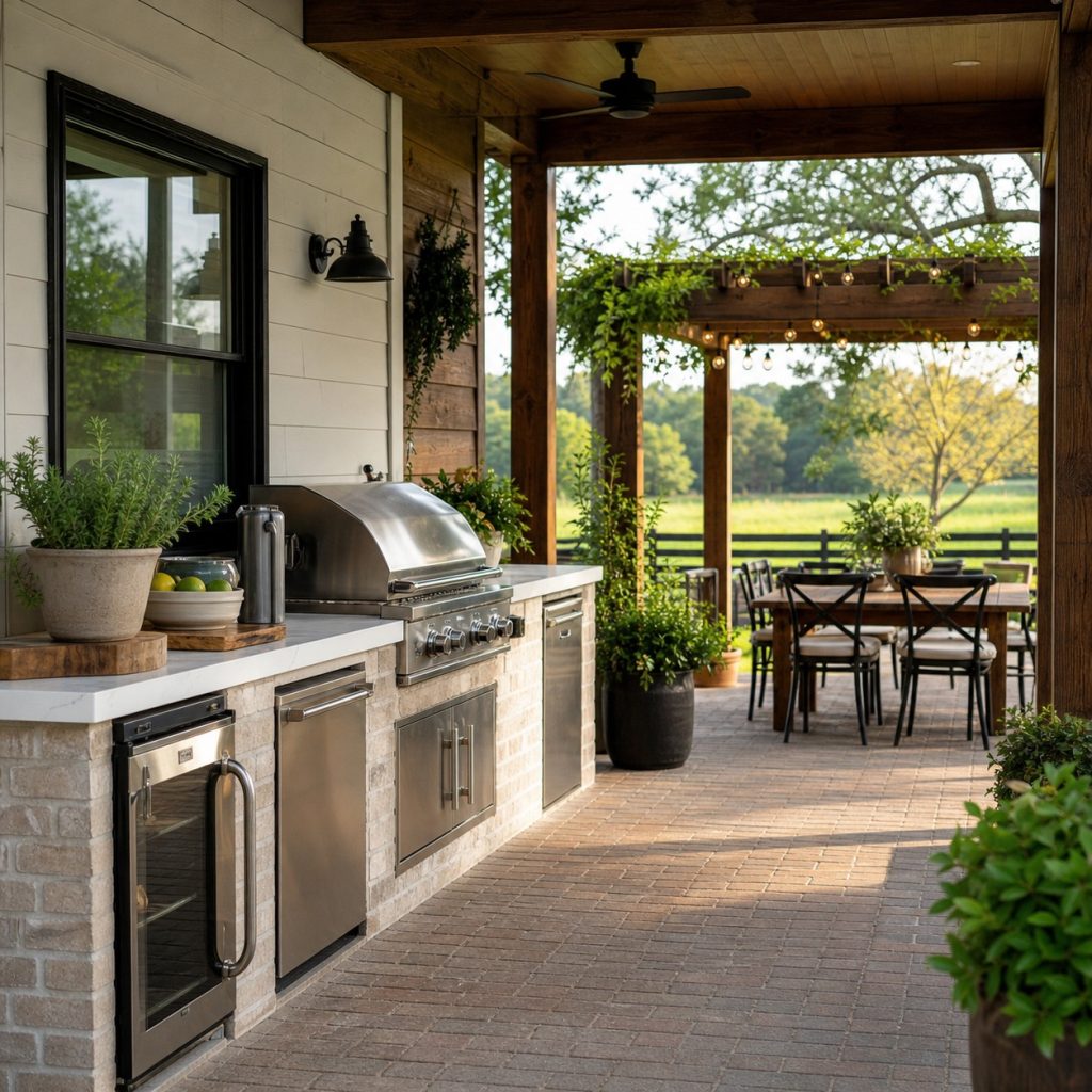 Farmhouse outdoor kitchen on brick pavers with shaded dining area
