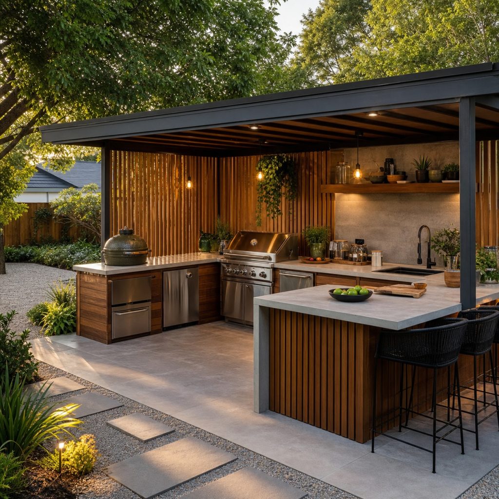 Outdoor kitchen on solid pavers connected to compacted gravel garden paths