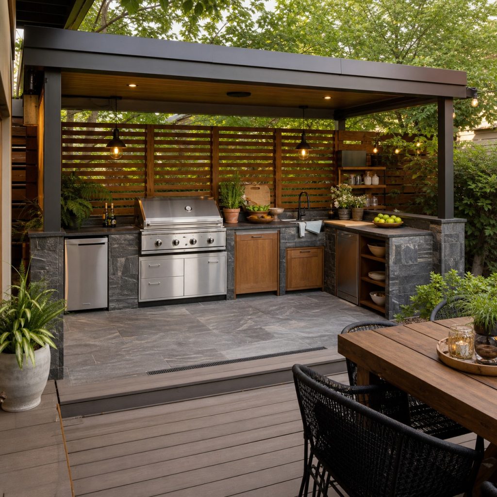 Deck dining area beside a separate stone-paved outdoor cooking terrace