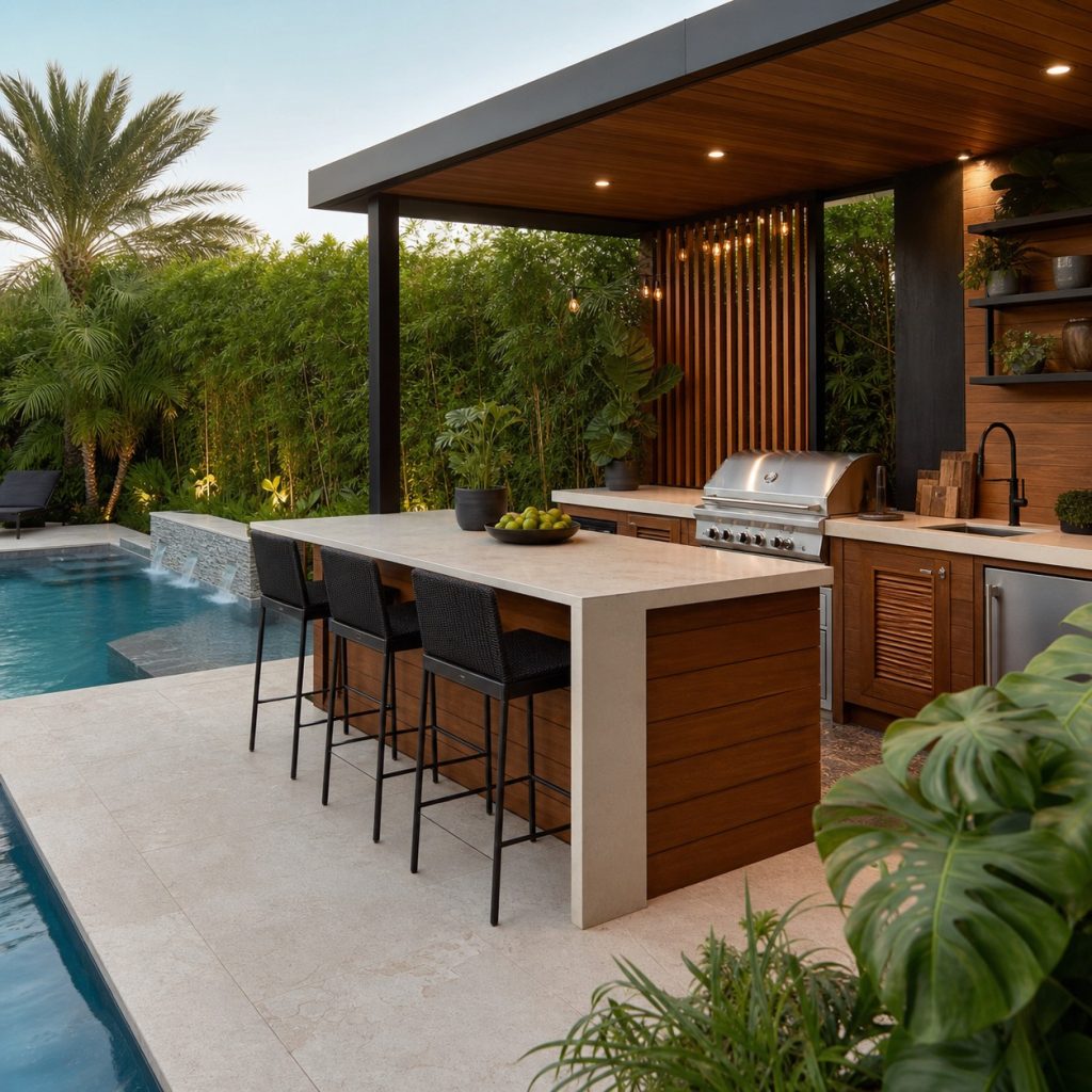 Poolside outdoor kitchen on pale textured pavers with grill away from wet path