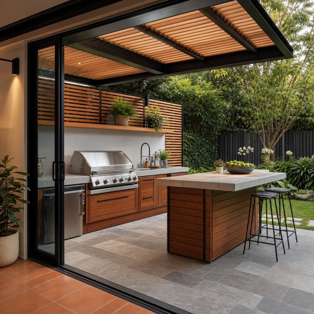 Outdoor kitchen patio with flush transition from indoor tile to exterior stone