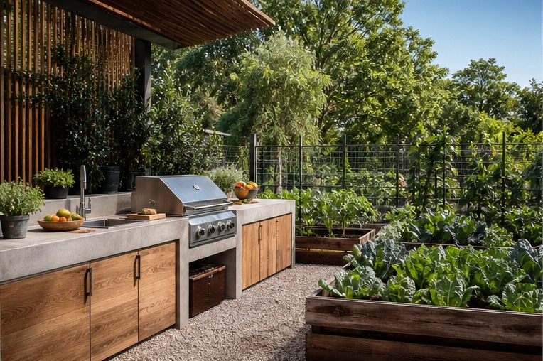 Covered outdoor kitchen beside raised vegetable beds and stepping path