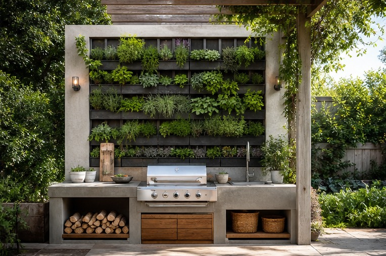 Outdoor kitchen with vertical herb planters above a garden counter