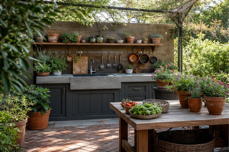 Outdoor kitchen opening onto a formal potager with gravel paths