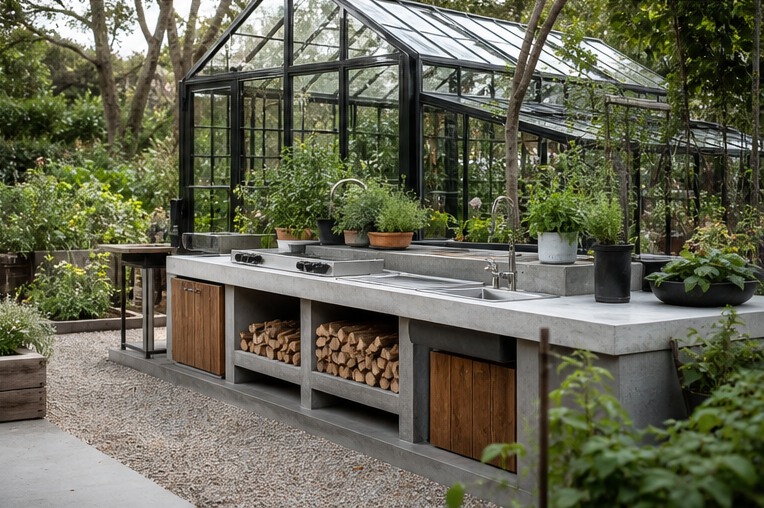 Outdoor kitchen beside a small greenhouse and vegetable beds