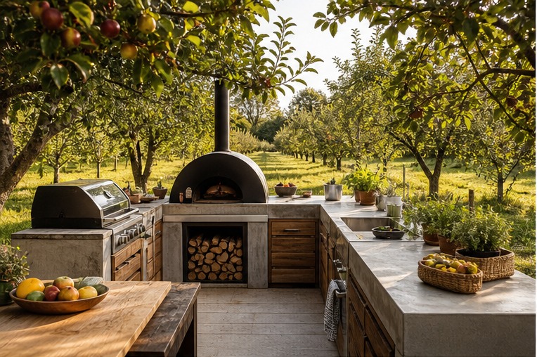 Simple outdoor kitchen at the edge of a small fruit orchard