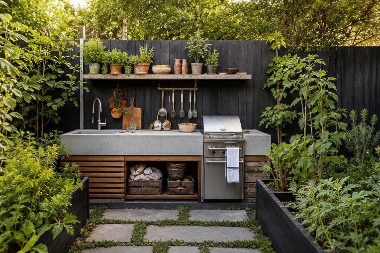 Small covered outdoor kitchen surrounded by compact edible planting