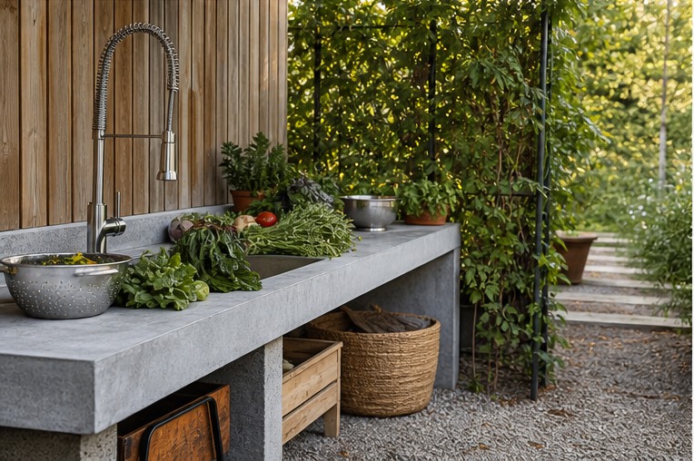 Garden outdoor kitchen with large sink and herb pots near raised beds