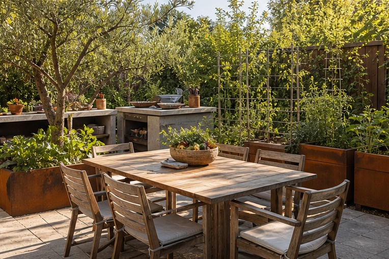 Outdoor kitchen and wood dining table surrounded by vegetable planters