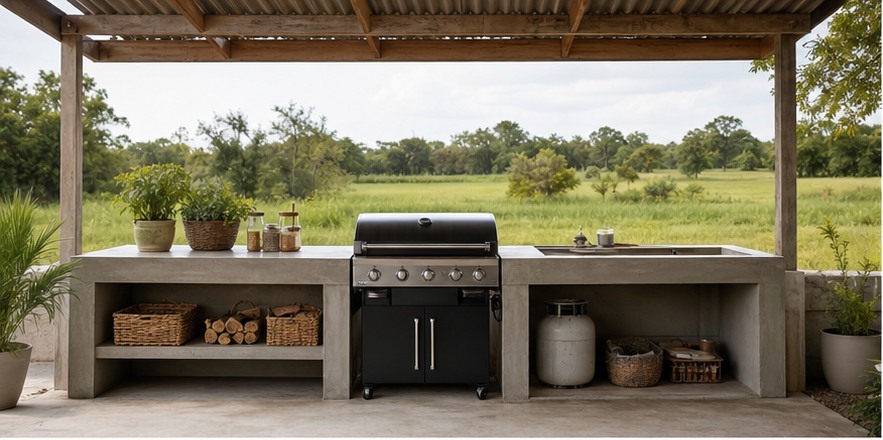 Budget outdoor kitchen with straight block counter and wood doors