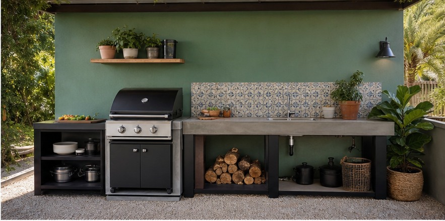 Simple budget outdoor kitchen with bright wall freestanding grill and sink