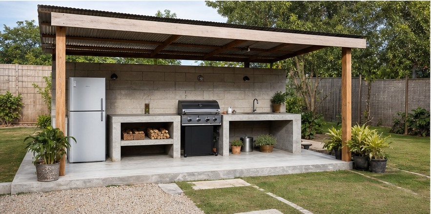Budget covered outdoor kitchen with white posts simple counter and rolling cart