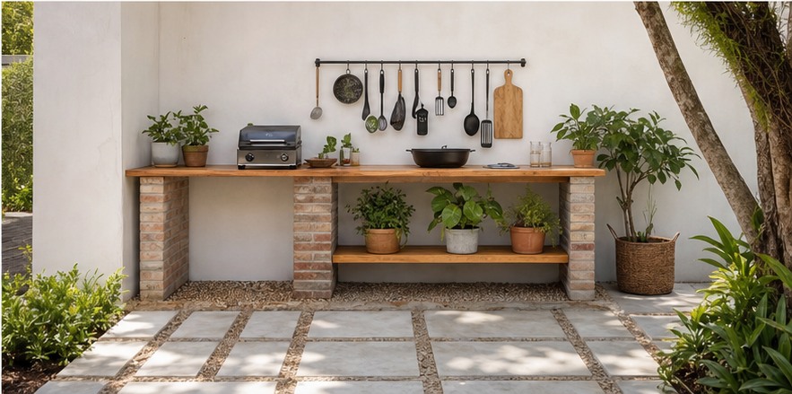 Low-cost outdoor kitchen with one-wall concrete counter near raised beds
