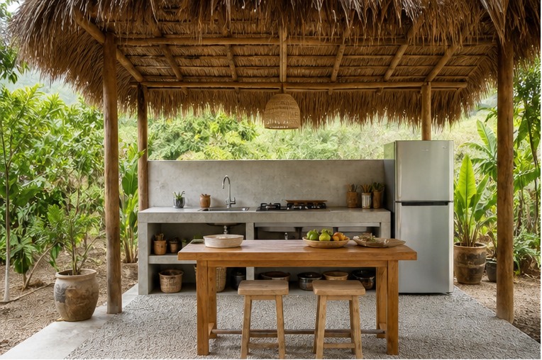 Budget outdoor kitchen with simple shade roof and rolling wood worktable