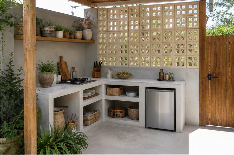 Budget outdoor kitchen with concrete breeze-block screen and metal roof