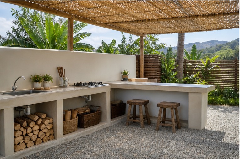Affordable outdoor kitchen with reed shade and simple L-shaped counter