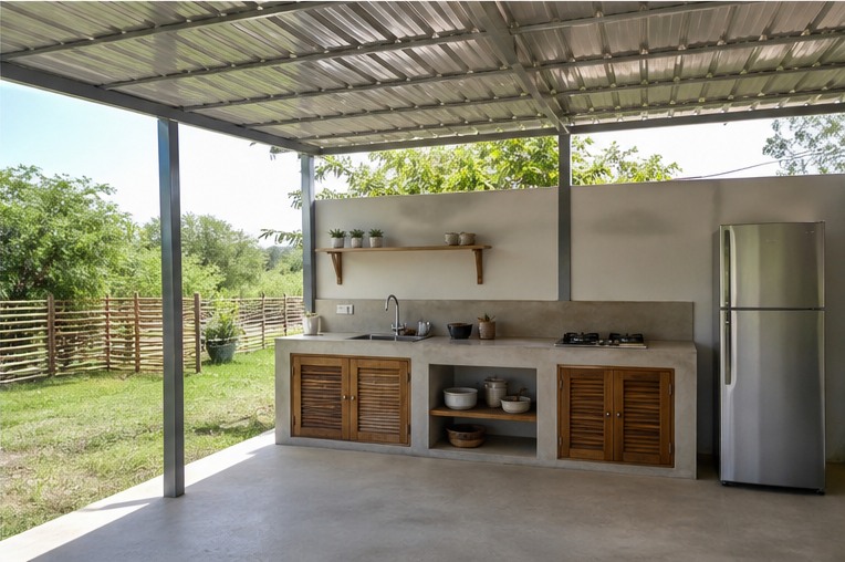 Simple budget outdoor kitchen under a small corrugated metal roof