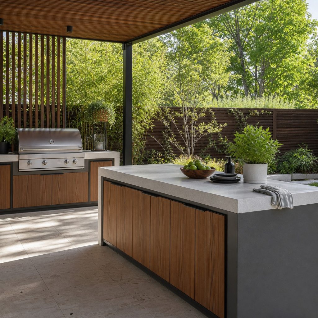 Outdoor prep-only island opposite a separate wall grill station