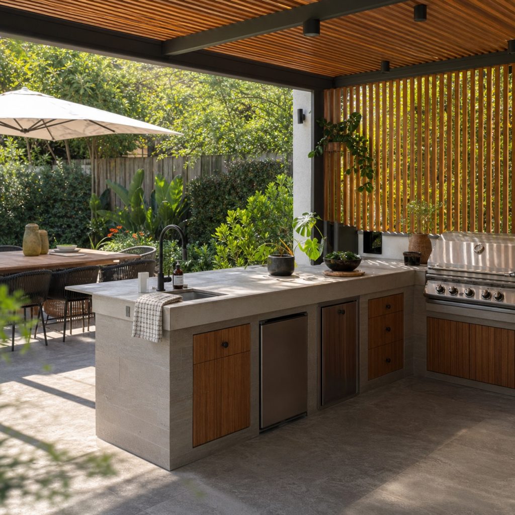 Outdoor kitchen island with sink, broad dry counter, and closed plumbing access