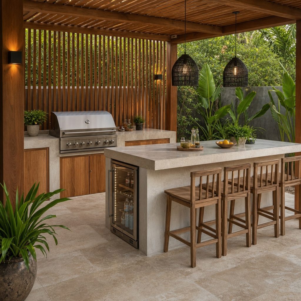 Outdoor serving island with undercounter refrigerator and wide bar ledge
