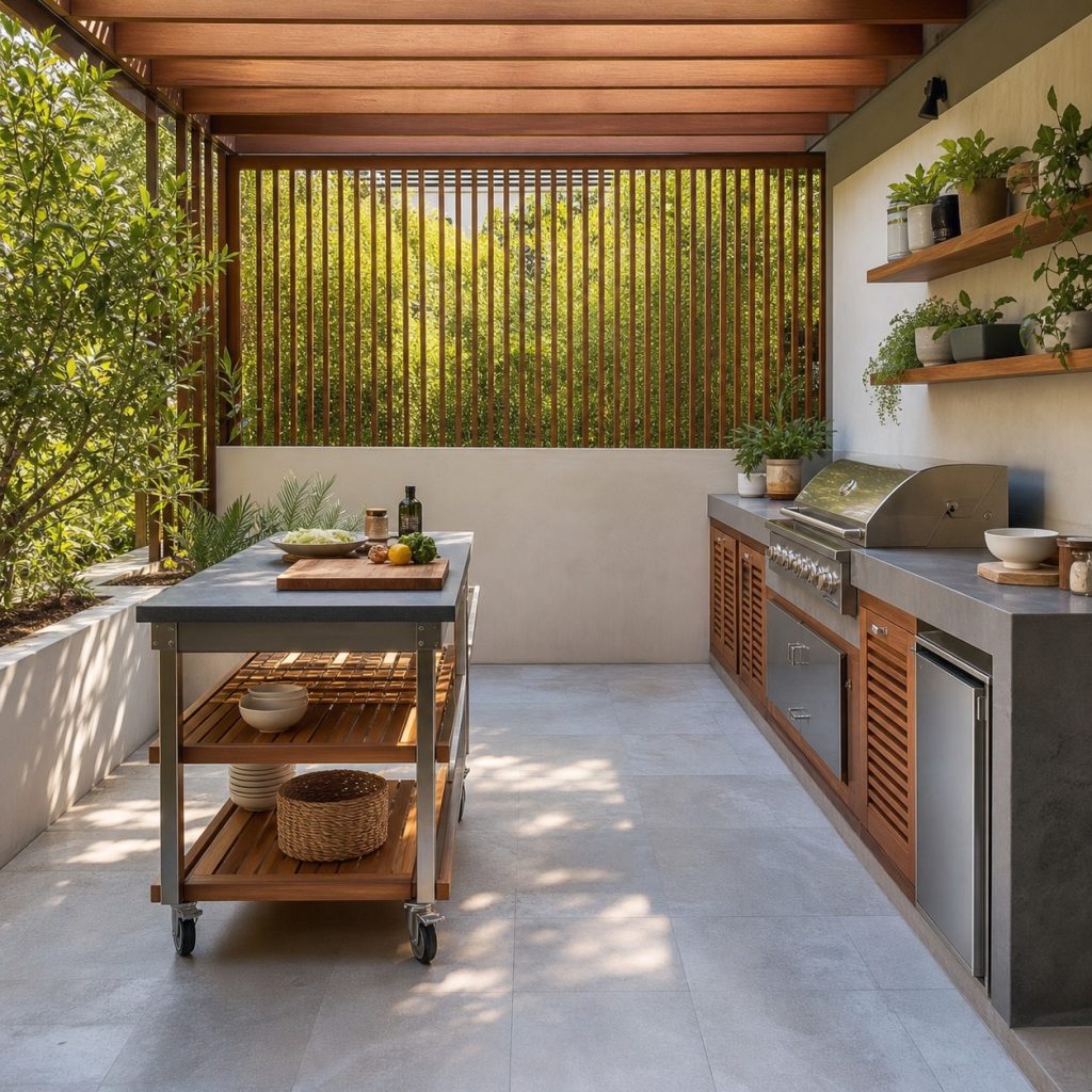 Outdoor kitchen with sturdy mobile prep island on locking casters