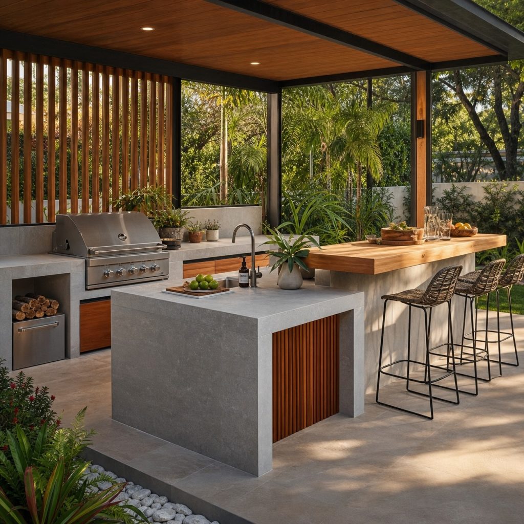 Two-level outdoor island with lower prep surface and raised serving ledge