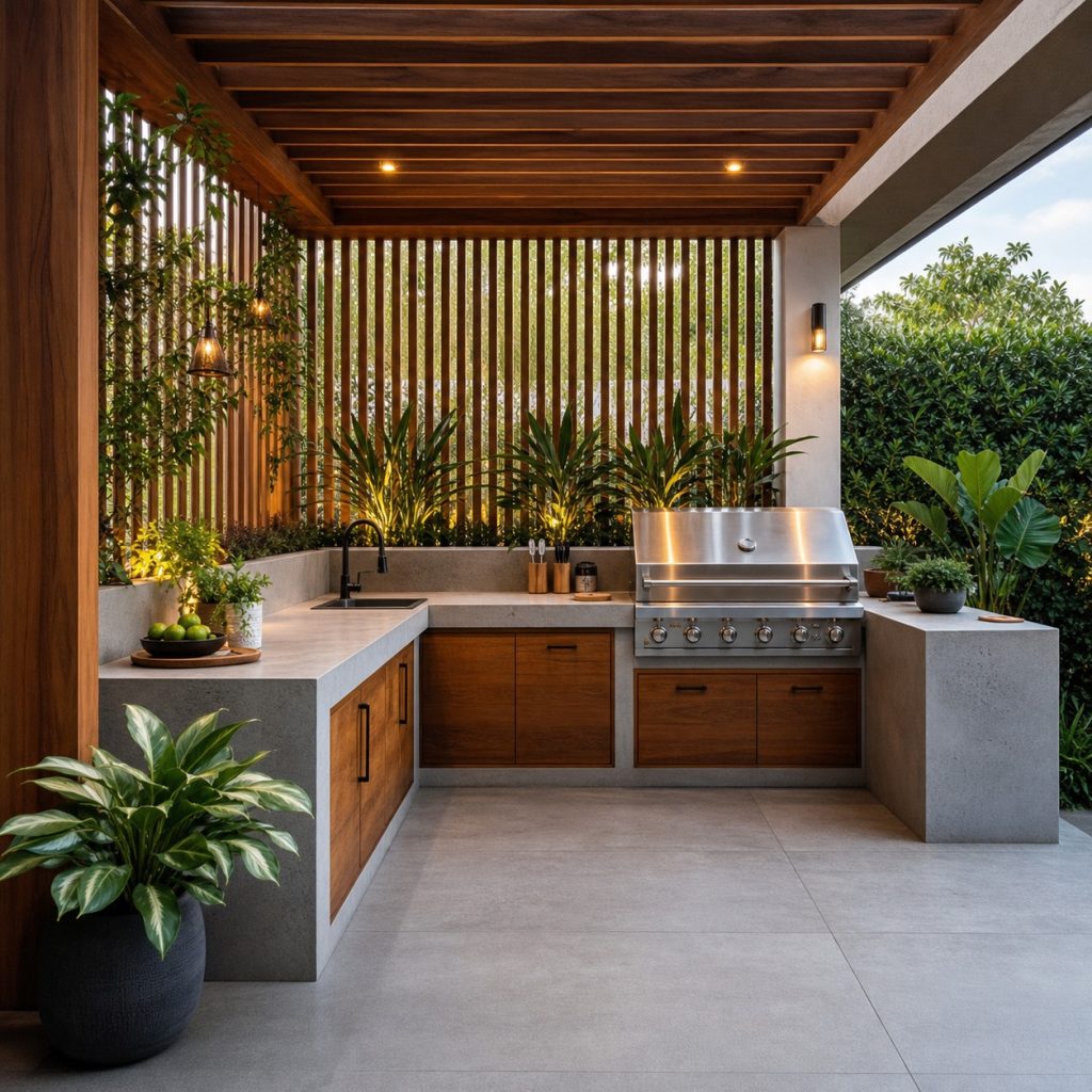 L-shaped outdoor island with grill on long run and prep return